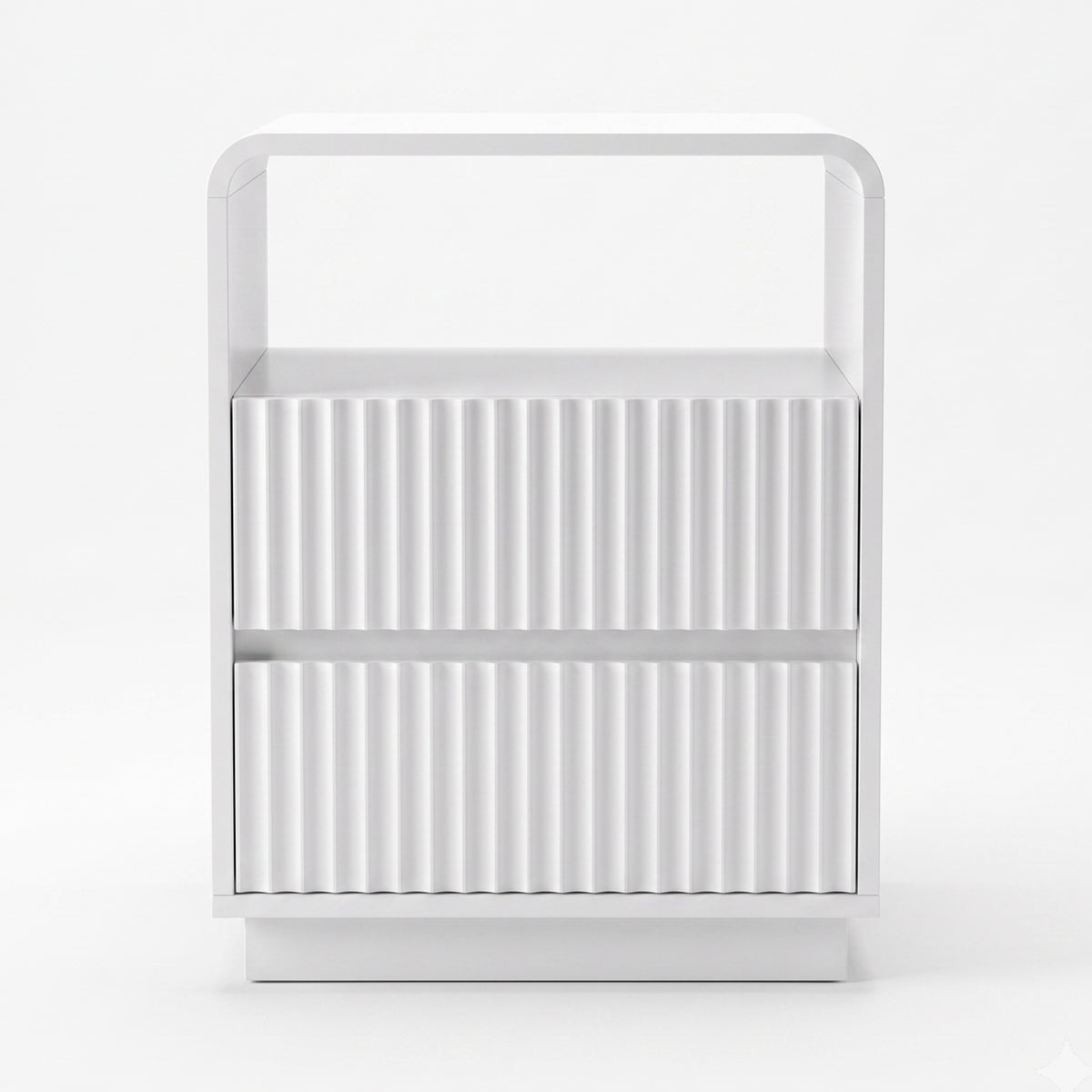 Front view of a white nightstand on a white background with two ribbed drawers and an open shelf.