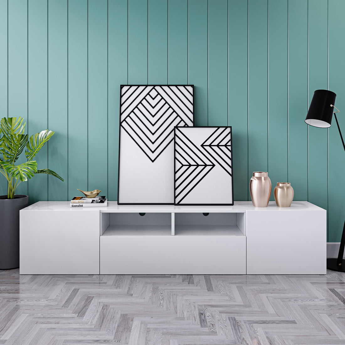 Anton 200cm Entertainment TV Unit in White, featuring a glossy finish, open cubby shelves, and sleek cabinet fronts. Flanked by framed art, metallic vases, and a decorative bird figurine.