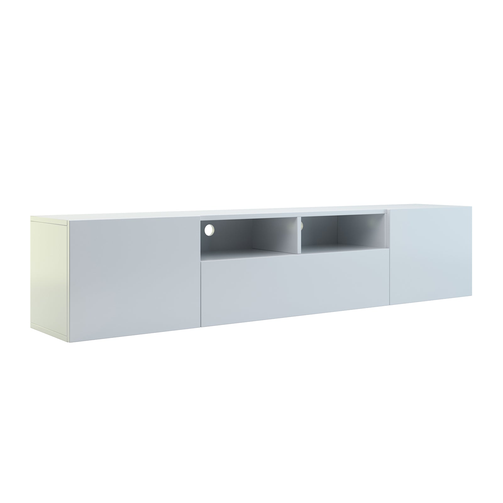 Anton 200cm Entertainment TV Unit in White, featuring a sleek, wall-mounted design with two closed cabinets, two open shelves with cable cut-outs, and a long drawer for organized AV storage.