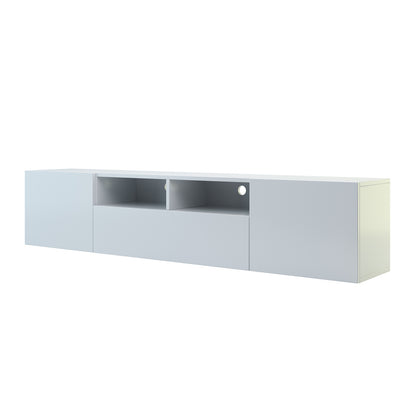 Anton 200cm Entertainment TV Unit in White features a sleek, wall-mounted design with two end compartments, central open shelves with cable holes, and a handle-free lower drawer for modern organization.