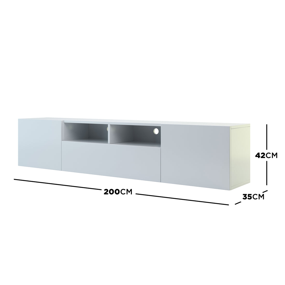 Anton 200cm Entertainment TV Unit in White features a sleek, modern design with two enclosed compartments, a central drawer, and open shelves with cable cut-outs, ideal for organizing media equipment.