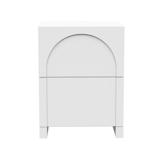 Archen 2 Drawer Arch Detail Bedside Table in White, featuring a minimalist design with two stacked drawers, an arch groove pull on the top drawer, and short block legs.