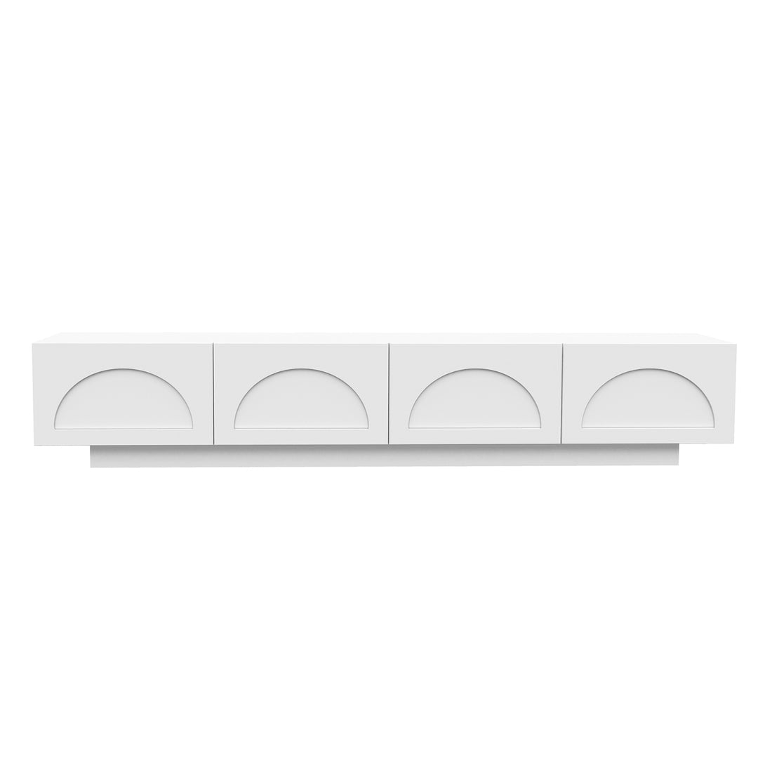 Archen 200cm 4 Drawer Storage TV Entertainment Unit in White, featuring a minimalist design with recessed half-circle handles, mounted on a narrow plinth for a sleek, modern look.