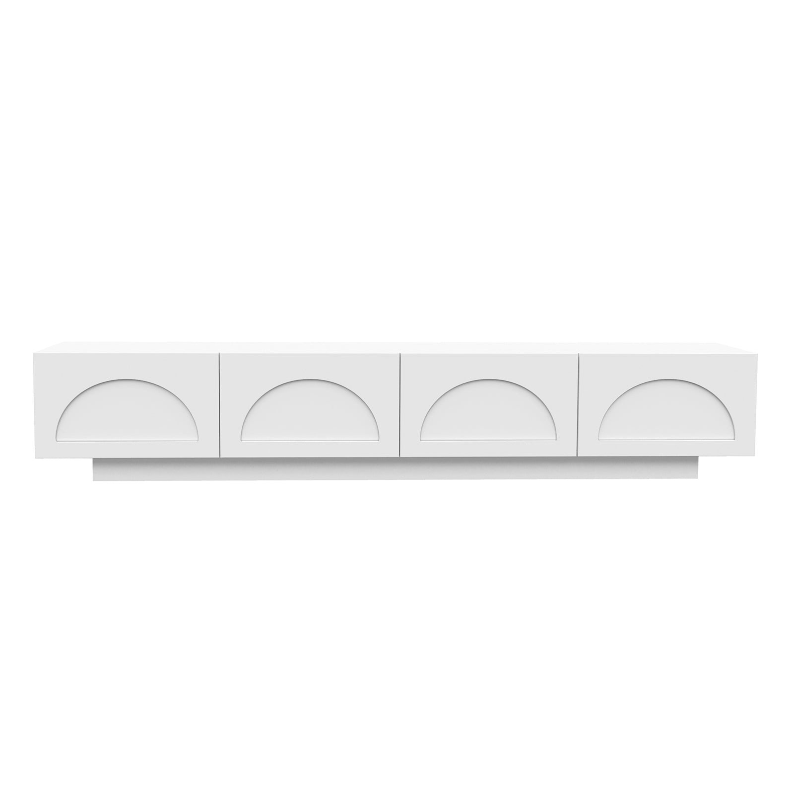 Archen 200cm 4 Drawer Storage TV Entertainment Unit in White, featuring a minimalist design with recessed half-circle handles, mounted on a narrow plinth for a sleek, modern look.