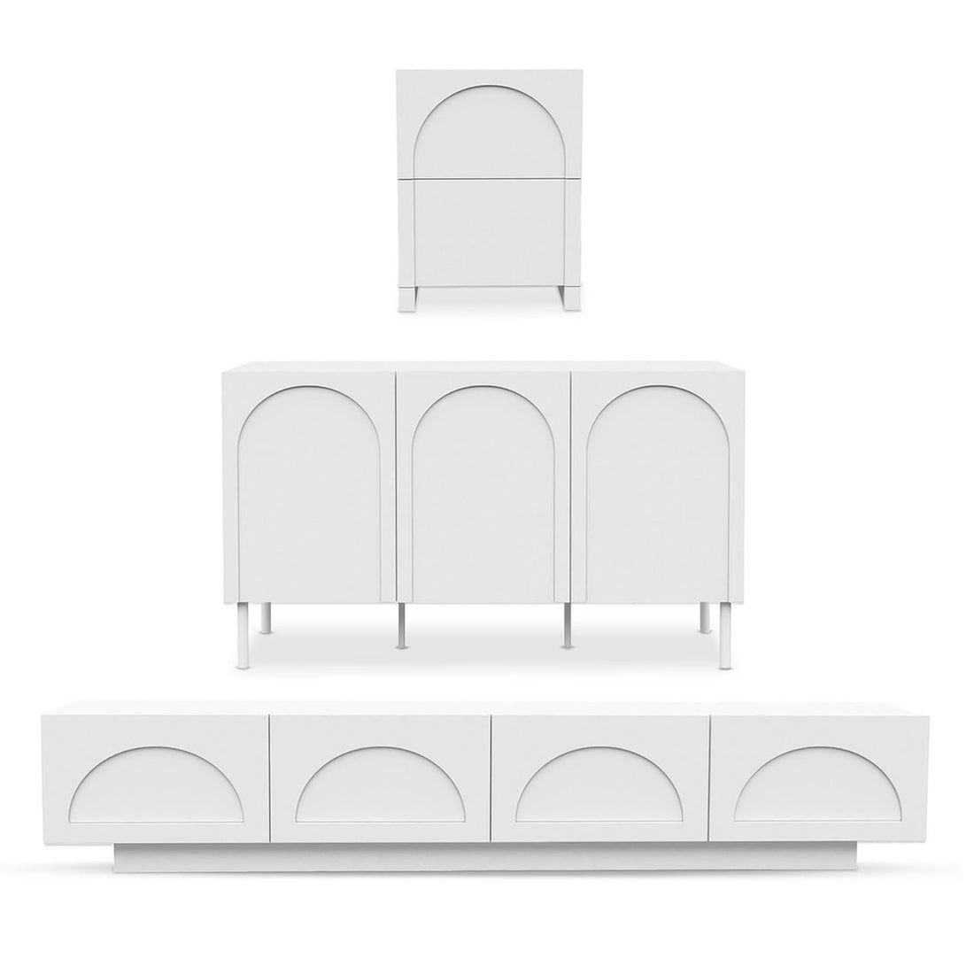 Archen Bedroom & Living Room Storage Package in White: Three modular units—a small nightstand, medium sideboard on metal legs, and long TV console on plinth base—feature sleek arch-detail doors.