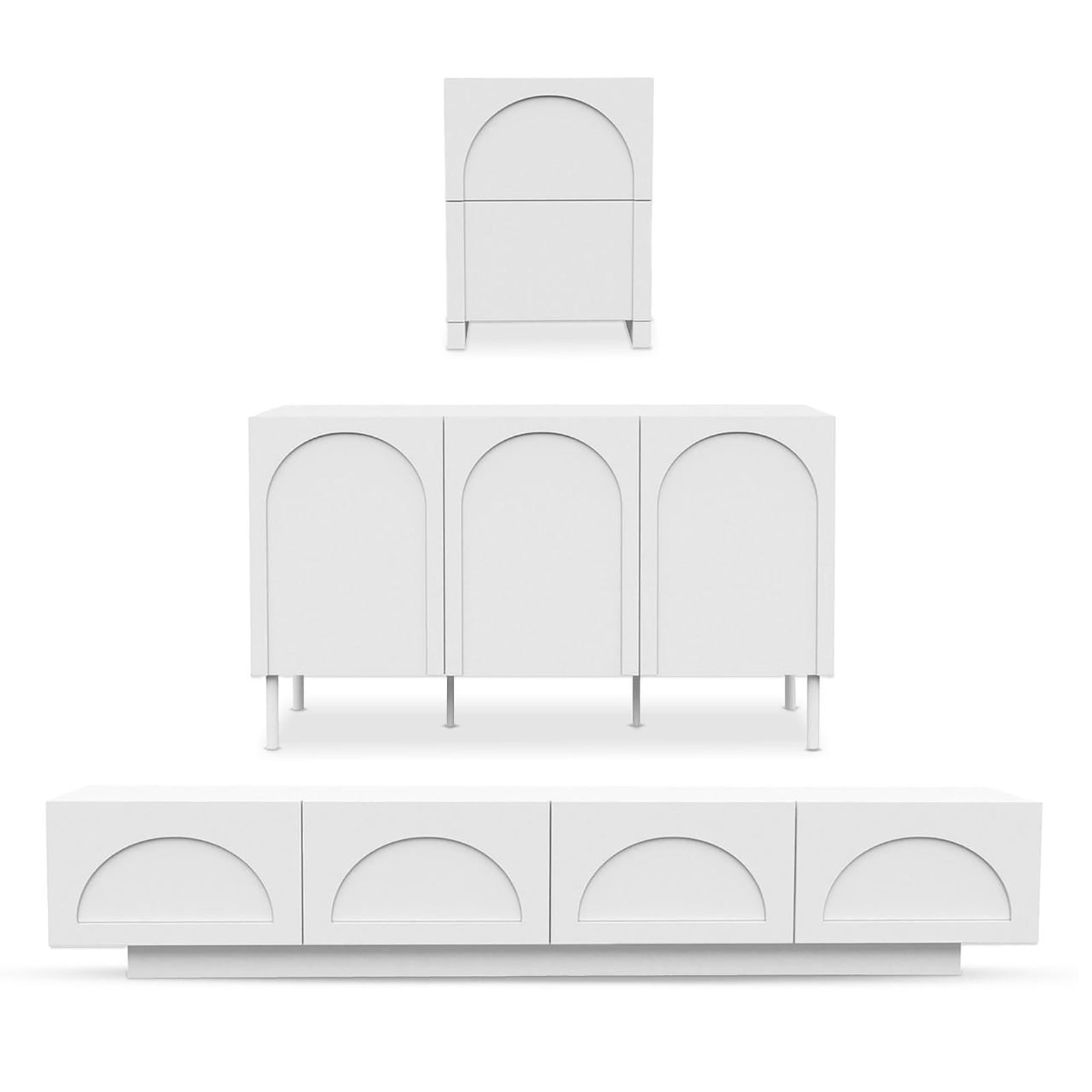 Archen Bedroom & Living Room Storage Package in White: Three modular units—a small nightstand, medium sideboard on metal legs, and long TV console on plinth base—feature sleek arch-detail doors.