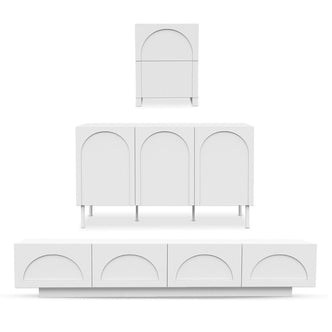 Archen Bedroom & Living Room Storage Package in White: Three modular units—a small nightstand, medium sideboard on metal legs, and long TV console on plinth base—feature sleek arch-detail doors.