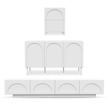 Archen Bedroom & Living Room Storage Package in White: Three modular units—a small nightstand, medium sideboard on metal legs, and long TV console on plinth base—feature sleek arch-detail doors.