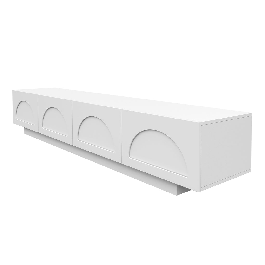 Archen Bedroom & Living Room Storage Package in White, featuring a sleek wall-mounted media console with four compartments, recessed semicircular panels, and a floating toe-kick for modern elegance.