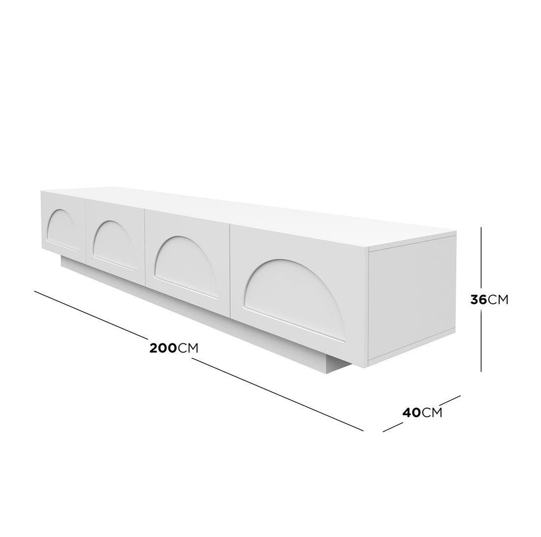 Archen Bedroom & Living Room Storage Package in White features a minimalist wall-mounted media console with four recessed half-arch panels, creating a floating look. Measures 200cm wide, 40cm deep, 36cm high.