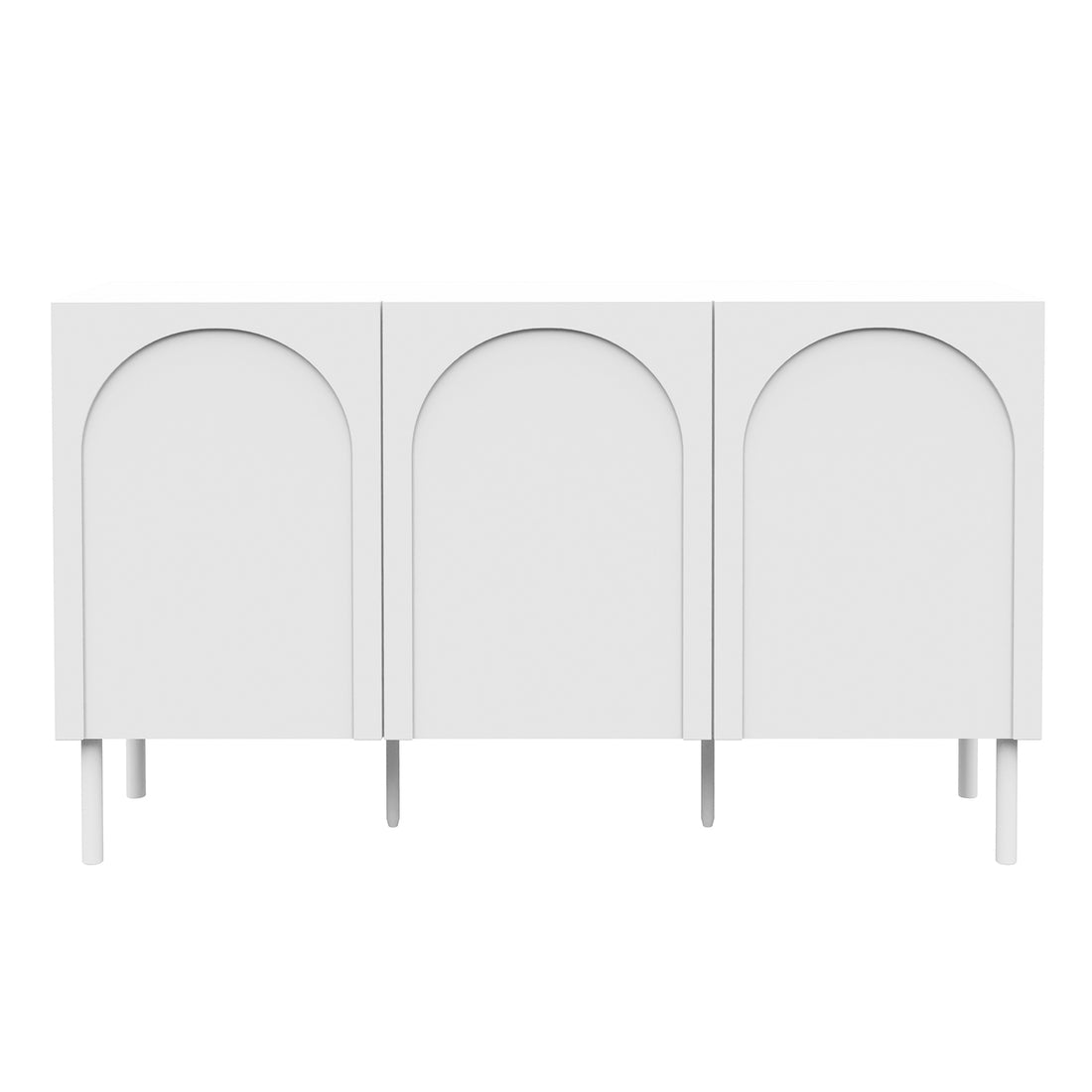 Archen Bedroom & Living Room Storage Package in White: A minimalist white sideboard with three arched doors on slim cylindrical legs, showcasing sleek, modern design and ample storage for versatile home organization.