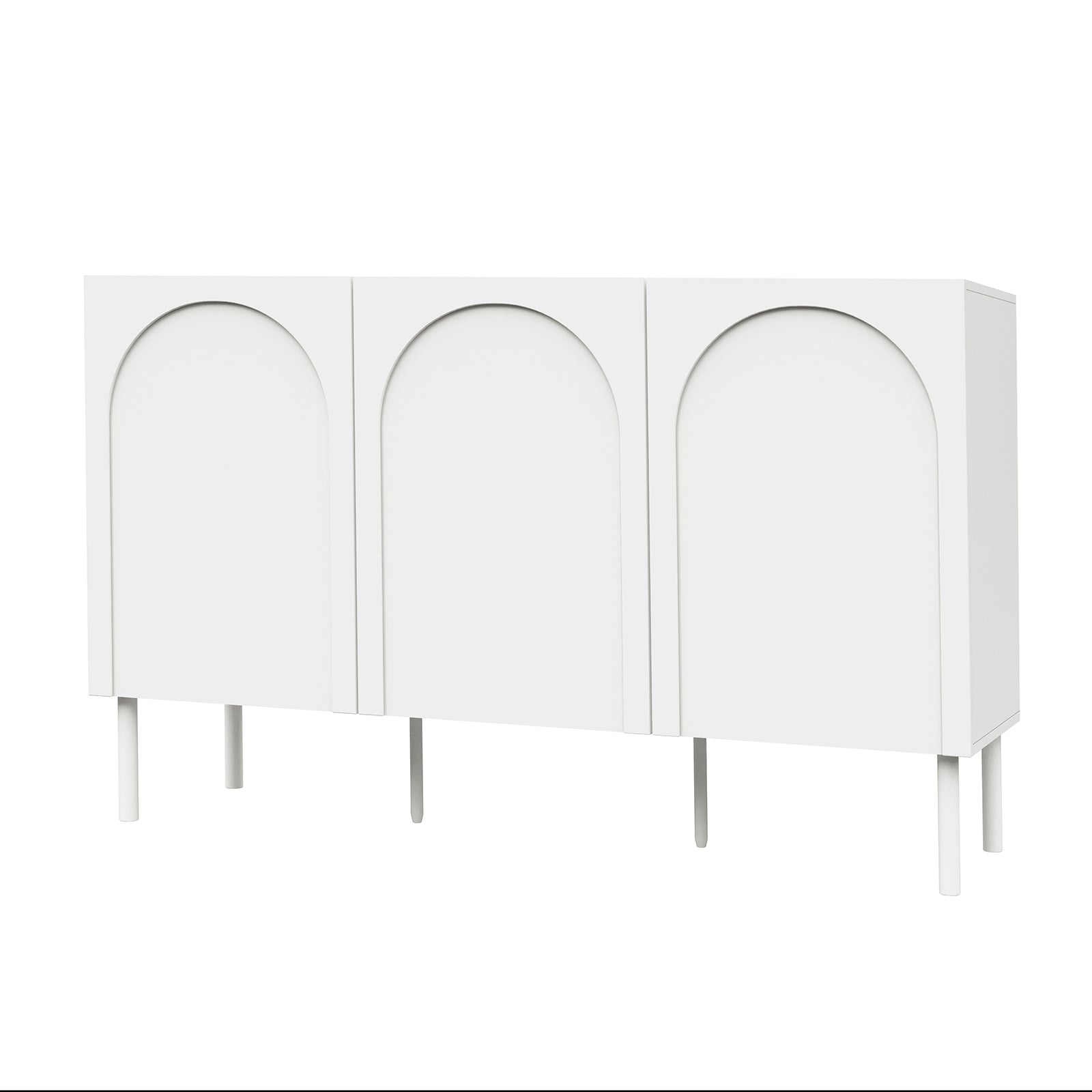 Archen Bedroom & Living Room Storage Package in White: A minimalist storage cabinet with three recessed arch panels and slender legs, ideal for stylish organization in modern living spaces.
