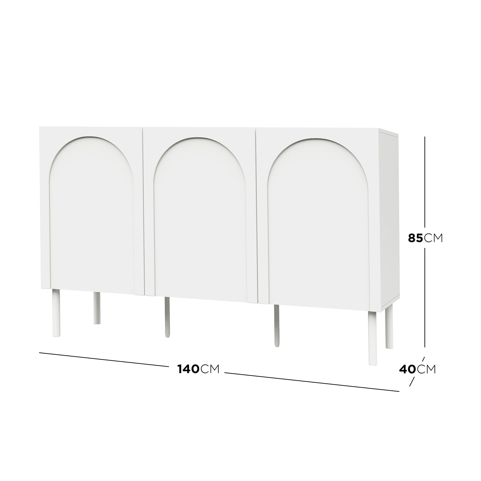 Archen Bedroom & Living Room Storage Package in White featuring a minimalist sideboard with three recessed-arch panel doors, matte finish, and slender legs; measures 140x85x40 cm.