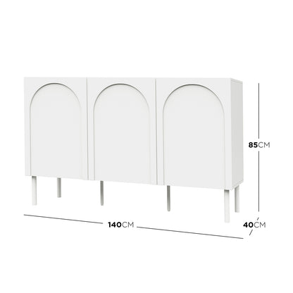 Archen Bedroom & Living Room Storage Package in White featuring a minimalist sideboard with three recessed-arch panel doors, matte finish, and slender legs; measures 140x85x40 cm.
