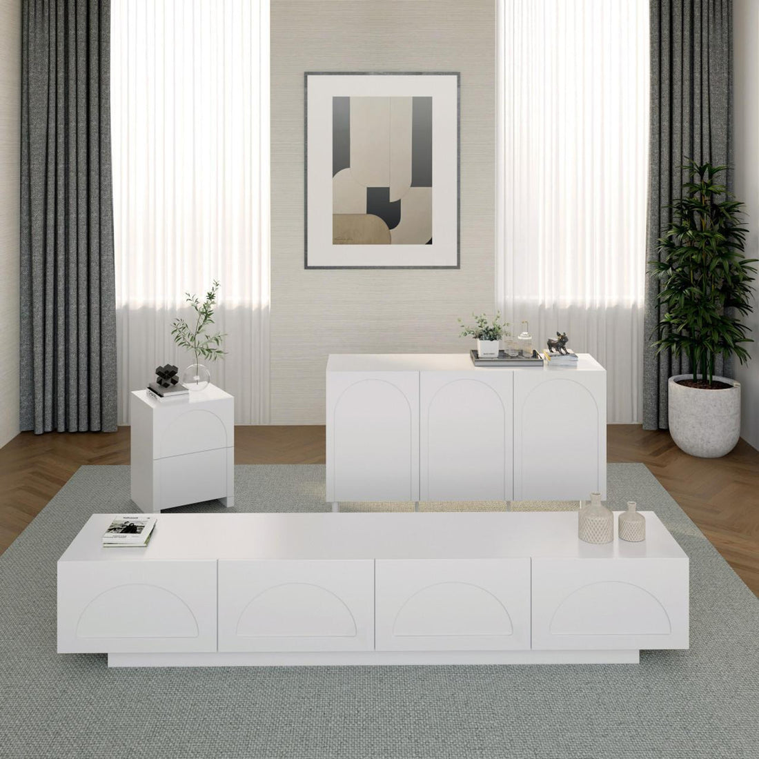 Archen Bedroom & Living Room Storage Package in White, featuring a minimalist media console, sideboard, and bedside table with semi-circular paneling, styled with decorative vases and plants.