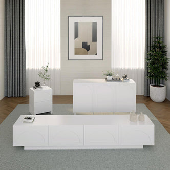 Archen Bedroom & Living Room Storage Package in White, featuring a minimalist media console, sideboard, and bedside table with semi-circular paneling, styled with decorative vases and plants.