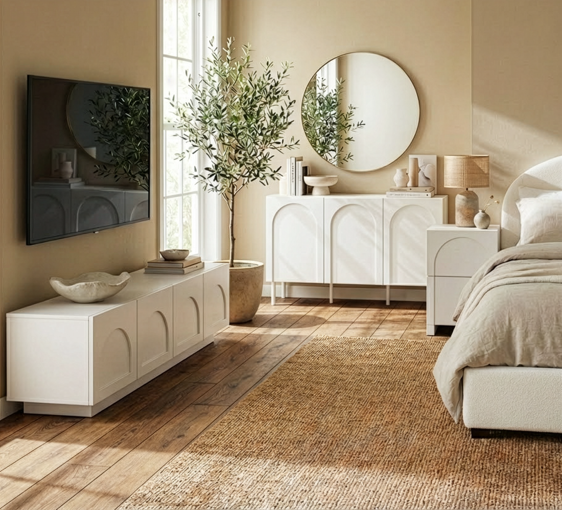 Archen Bedroom & Living Room Storage Package in White showcases a sleek media console, sideboard with round mirror, and bedside table beside a well-dressed bed, all in a minimalist, light-filled room.
