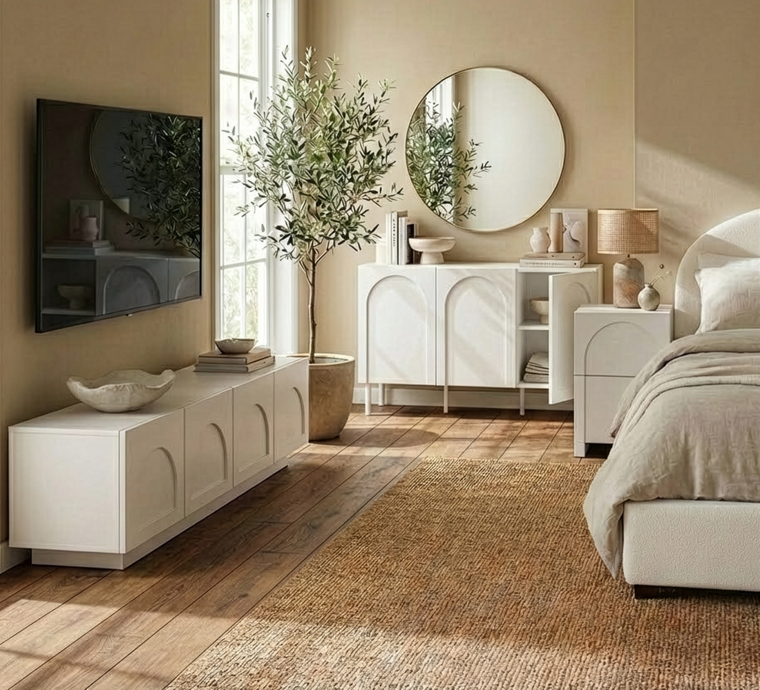 Archen Bedroom & Living Room Storage Package in White, featuring a sleek media console, sideboard with arched doors, and bedside table, all enhancing a modern-minimalist bedroom with functional elegance.