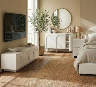 Archen Bedroom & Living Room Storage Package in White, featuring a sleek media console, sideboard with arched doors, and bedside table, all enhancing a modern-minimalist bedroom with functional elegance.