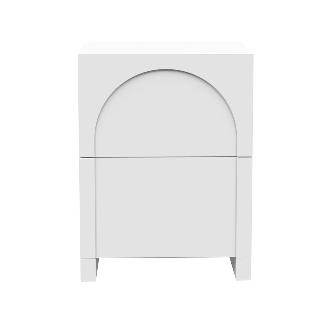 Archen Bedroom & Living Room Storage Package in White features a minimalist bedside table with two drawers and an arch detail, standing on short block legs, showcasing modern, functional design.