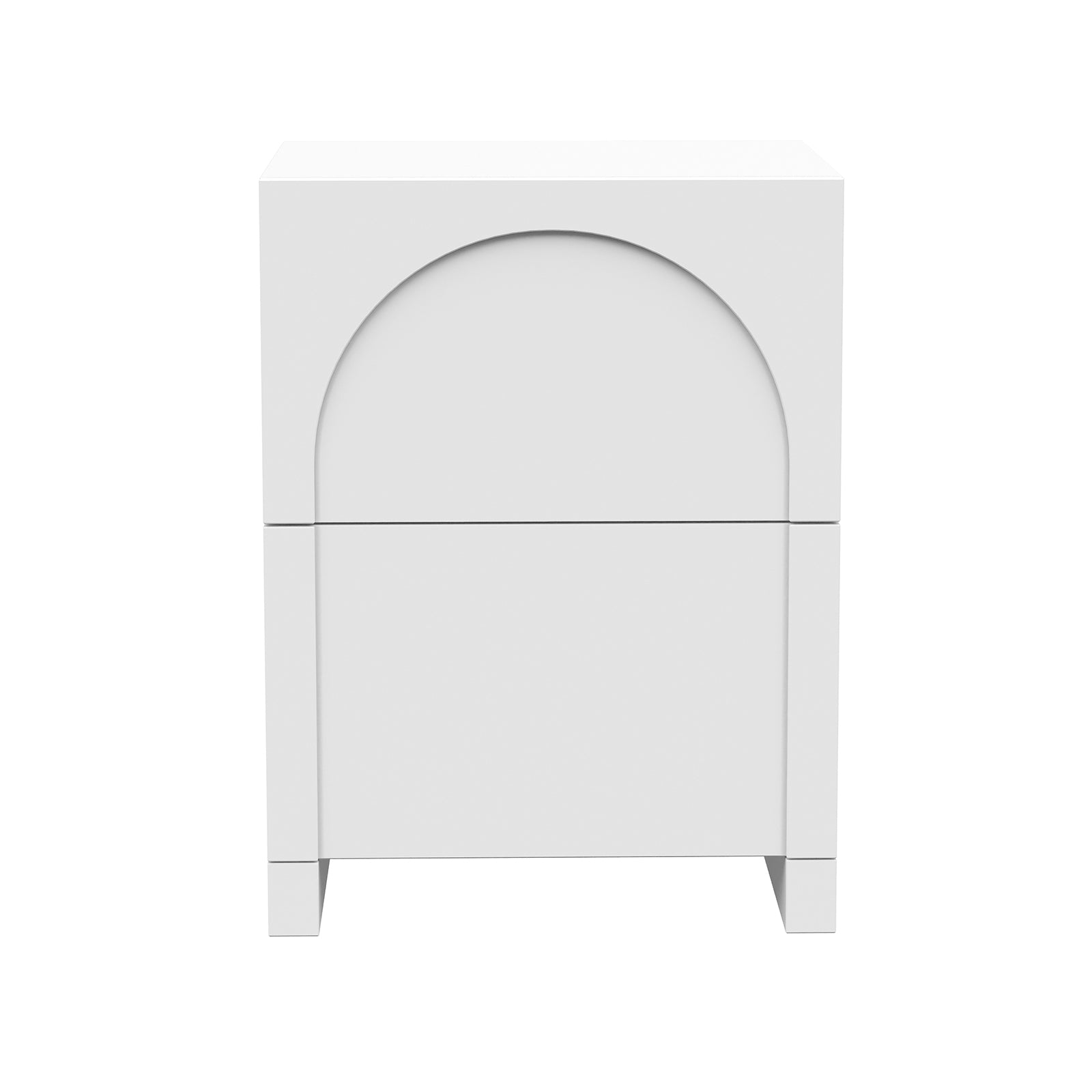 Archen Bedroom & Living Room Storage Package in White features a minimalist bedside table with two drawers and an arch detail, standing on short block legs, showcasing modern, functional design.