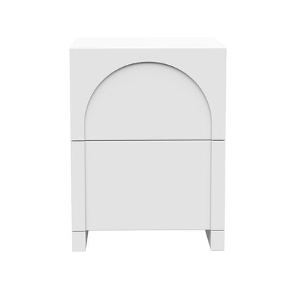 Archen Bedroom & Living Room Storage Package in White features a minimalist bedside table with two drawers and an arch detail, standing on short block legs, showcasing modern, functional design.