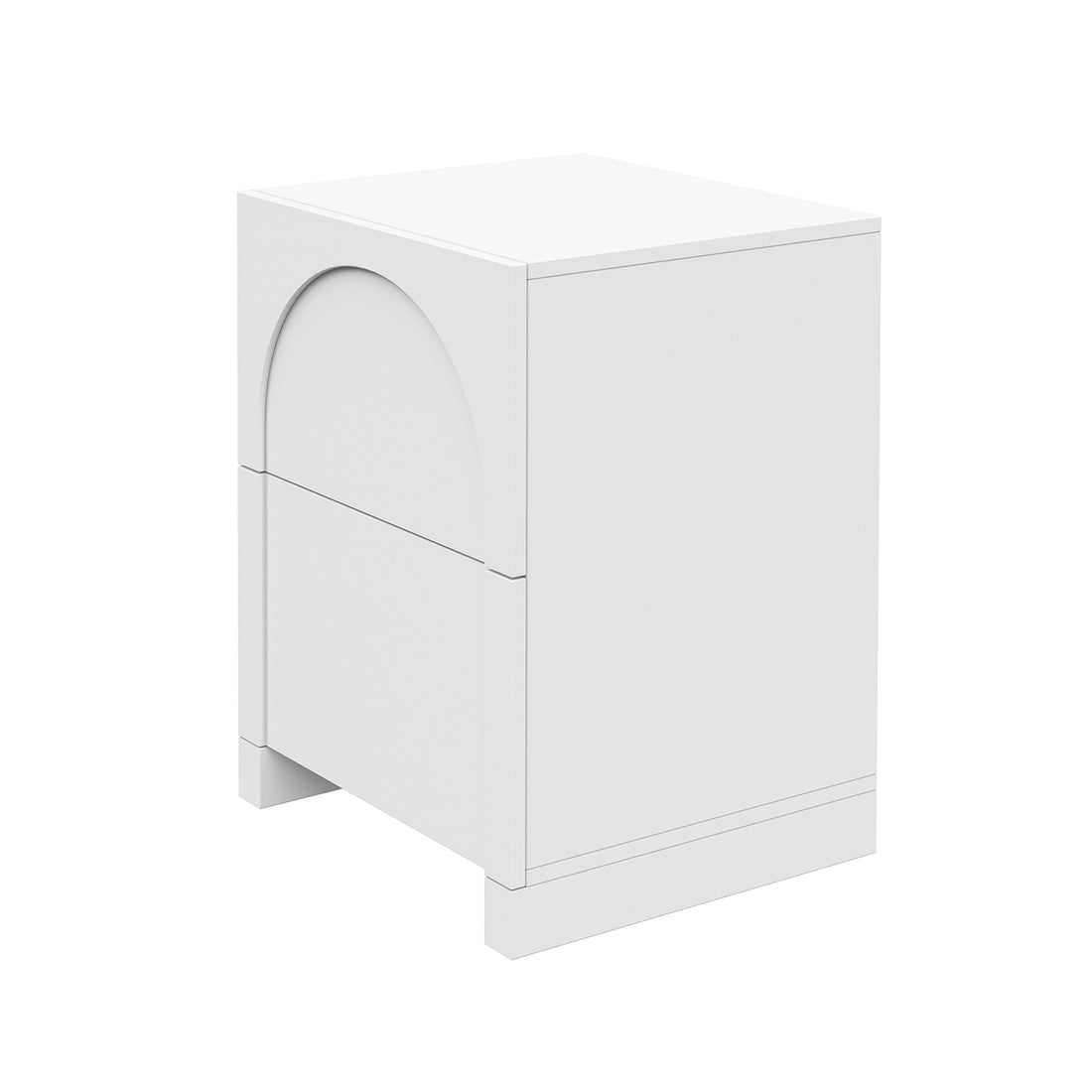Archen Bedroom & Living Room Storage Package in White features a minimalist cube-shaped bedside table with a half-arch profile drawer, perfect for Scandinavian-style décor.