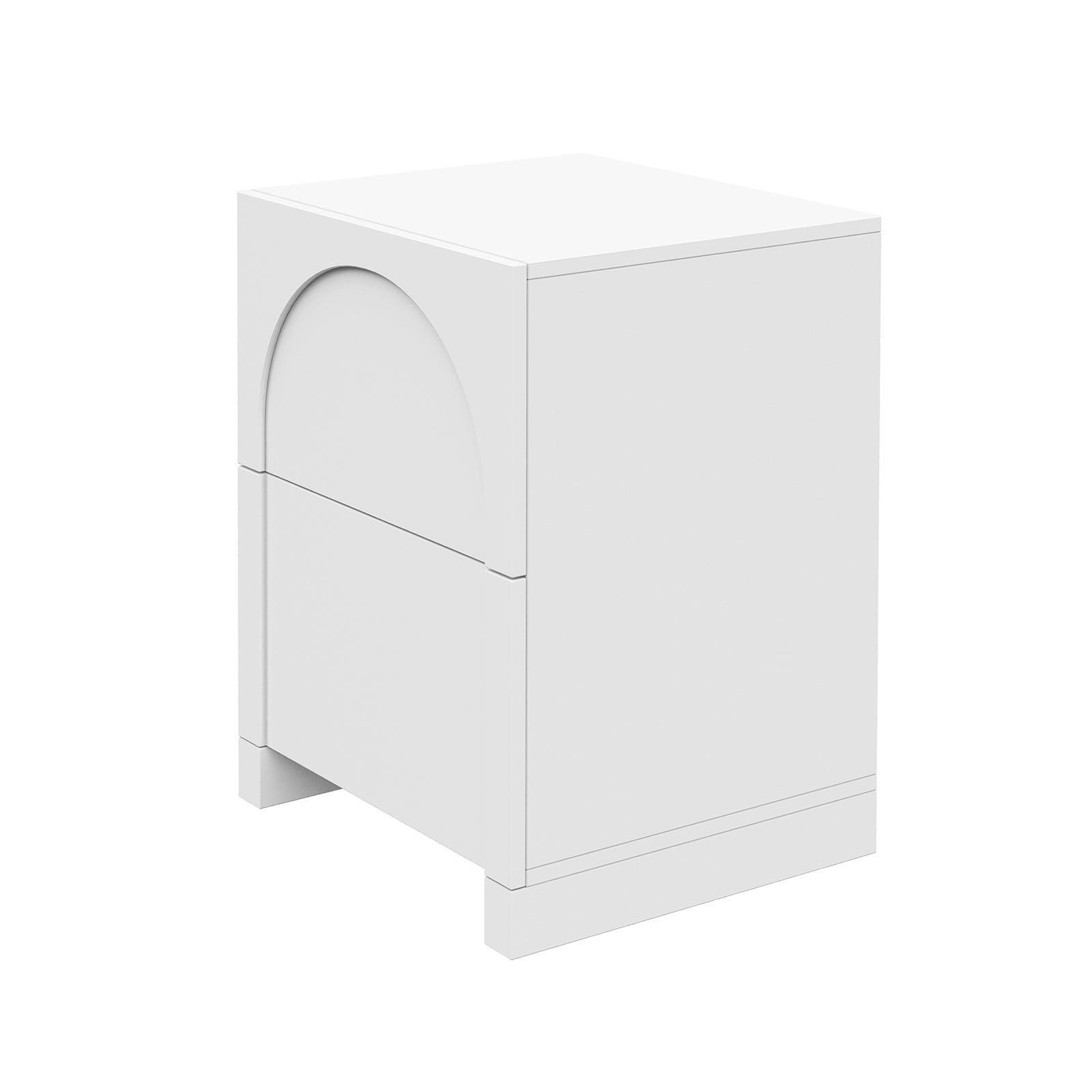 Archen Bedroom & Living Room Storage Package in White features a minimalist cube-shaped bedside table with a half-arch profile drawer, perfect for Scandinavian-style décor.