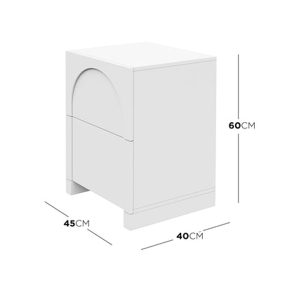Small white Archen bedside table from the Entertainment Unit & Sideboard Set, featuring two drawers with semi-circular recessed pulls, measuring 40 cm wide, 45 cm deep, and 60 cm tall.