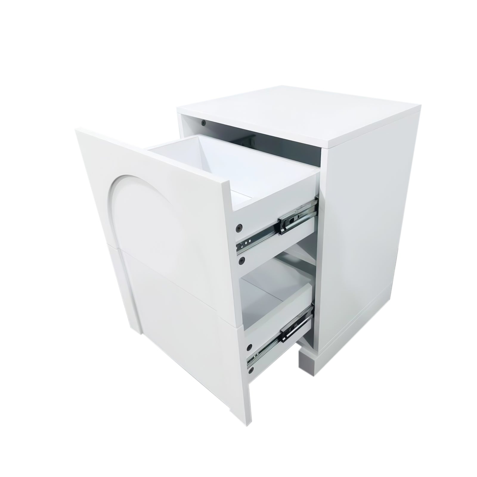 Archen Bedroom & Living Room Storage Package in White featuring a modern white bedside table with two partially open drawers on metal slide rails, showcasing its sleek design and functionality.