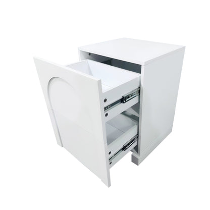 Archen Bedroom & Living Room Storage Package in White featuring a modern white bedside table with two partially open drawers on metal slide rails, showcasing its sleek design and functionality.