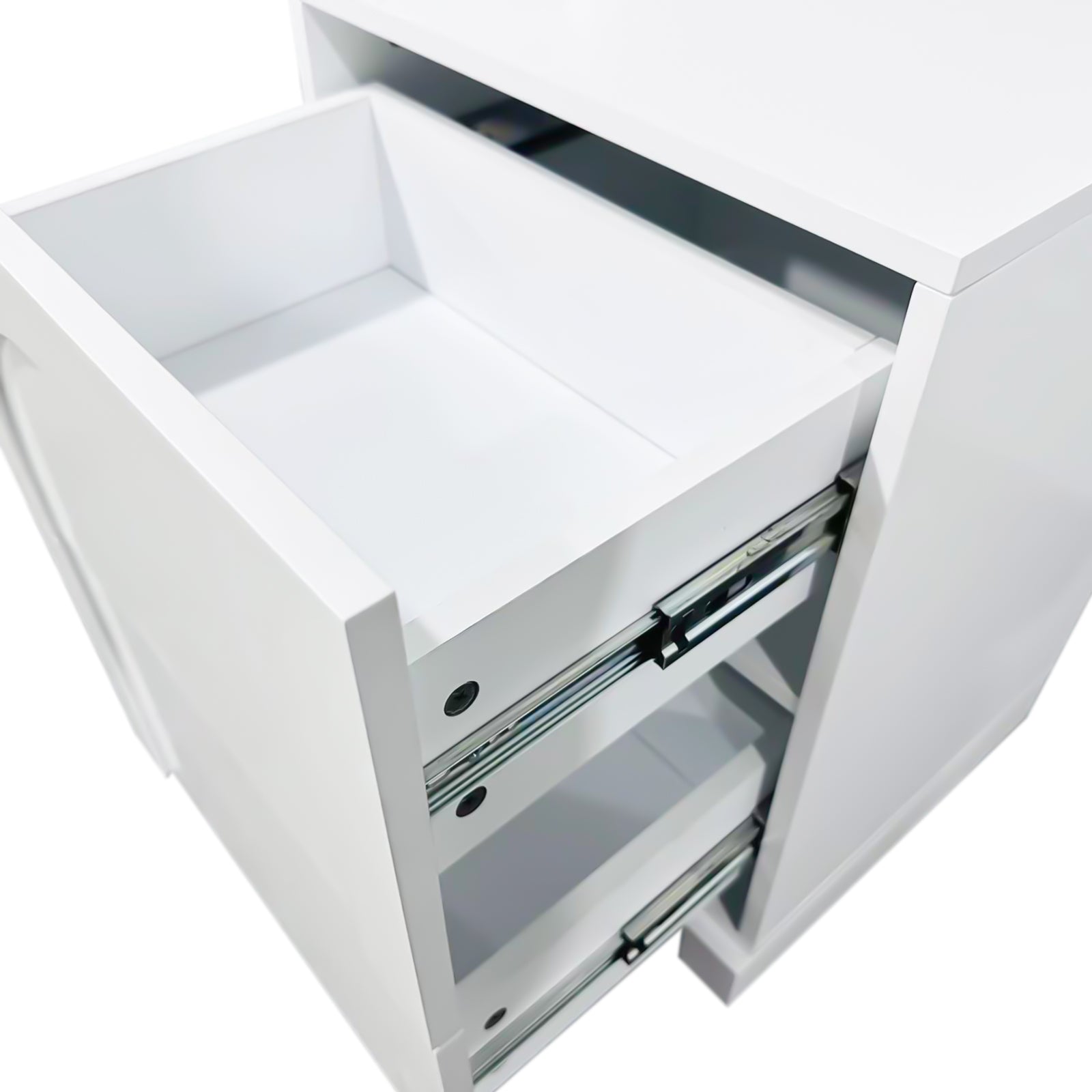 Archen Bedroom & Living Room Storage Package in White showing a bedside table with two open drawers, revealing empty interiors and metal slide rails, highlighting the modern minimalist design and functionality.