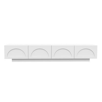 Archen Bedroom & Living Room Storage Package in White, featuring a sleek wall-mounted media console with four compartments, each with a semicircular arch detail, appearing to float on a hidden mount.