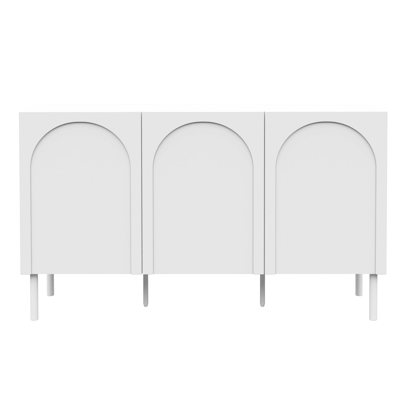 Archen 140cm 3 Door Storage Buffet Sideboard in White, featuring three cabinet doors with recessed arch motifs, slender cylindrical legs, offering ample storage with a modern, minimalist design.