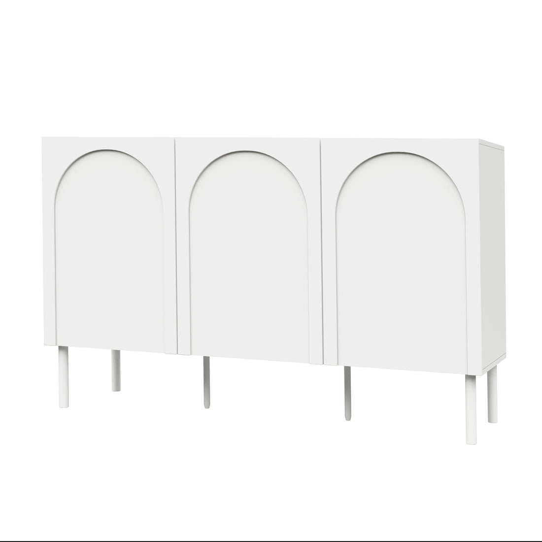 Archen 140cm 3 Door Storage Buffet Sideboard in White, featuring recessed arch-shaped panel doors, slim cylindrical legs, and a minimalist design, ideal for organizing living room or dining area essentials.