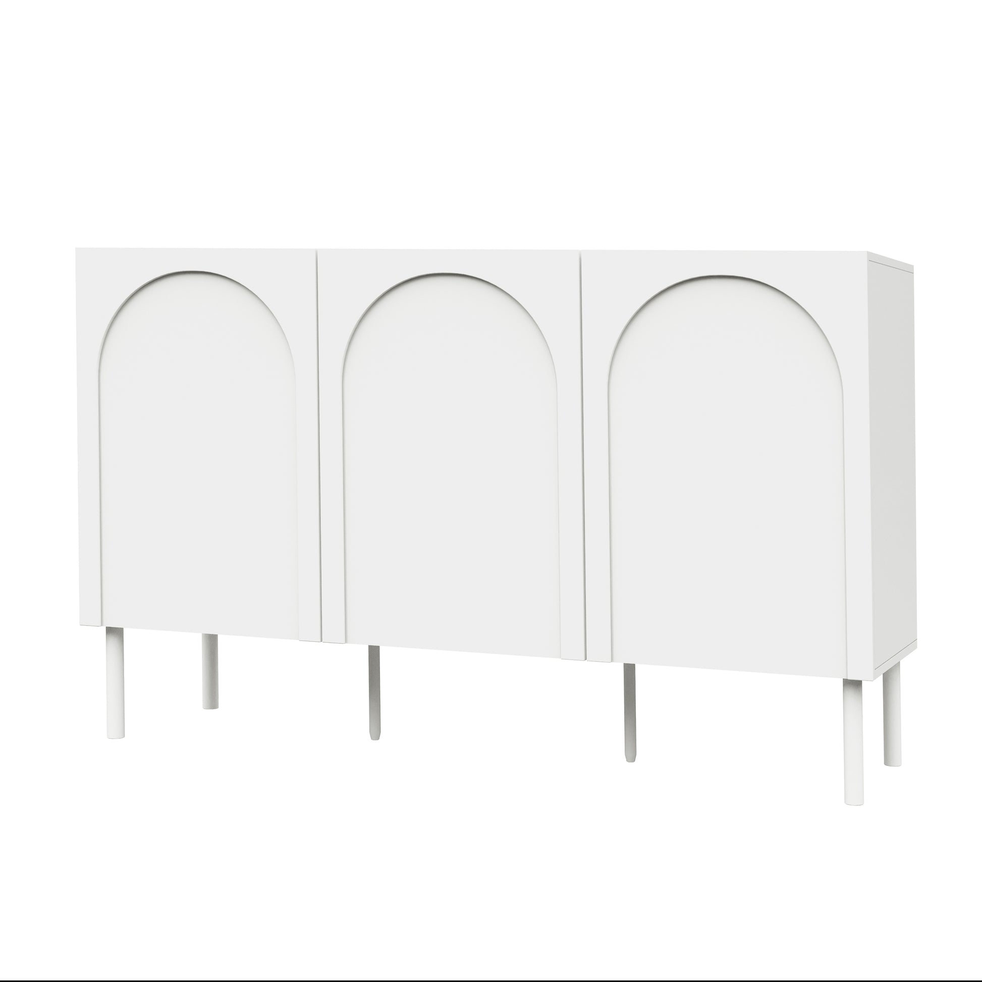 Archen 140cm 3 Door Storage Buffet Sideboard in White, featuring recessed arch-shaped panel doors, slim cylindrical legs, and a minimalist design, ideal for organizing living room or dining area essentials.
