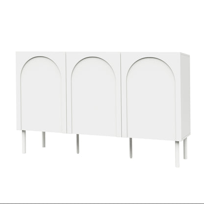 Archen 140cm 3 Door Storage Buffet Sideboard in White, featuring recessed arch-shaped panel doors, slim cylindrical legs, and a minimalist design, ideal for organizing living room or dining area essentials.