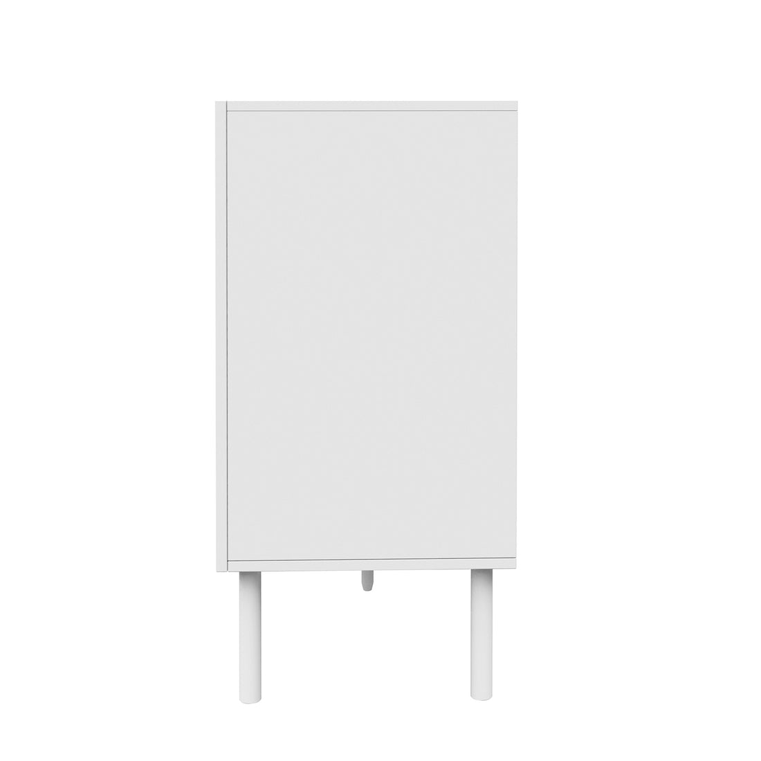 Archen 140cm 3 Door Storage Buffet Sideboard in White, featuring a minimalist white rectangular cabinet on slim cylindrical legs, with an unadorned front panel and a small central peg beneath.