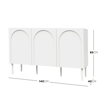 Archen 140cm 3 Door Storage Buffet Sideboard in White features a minimalist design, recessed arch panels, slender legs, and dimension lines showing 140cm width, 85cm height, and 40cm depth.