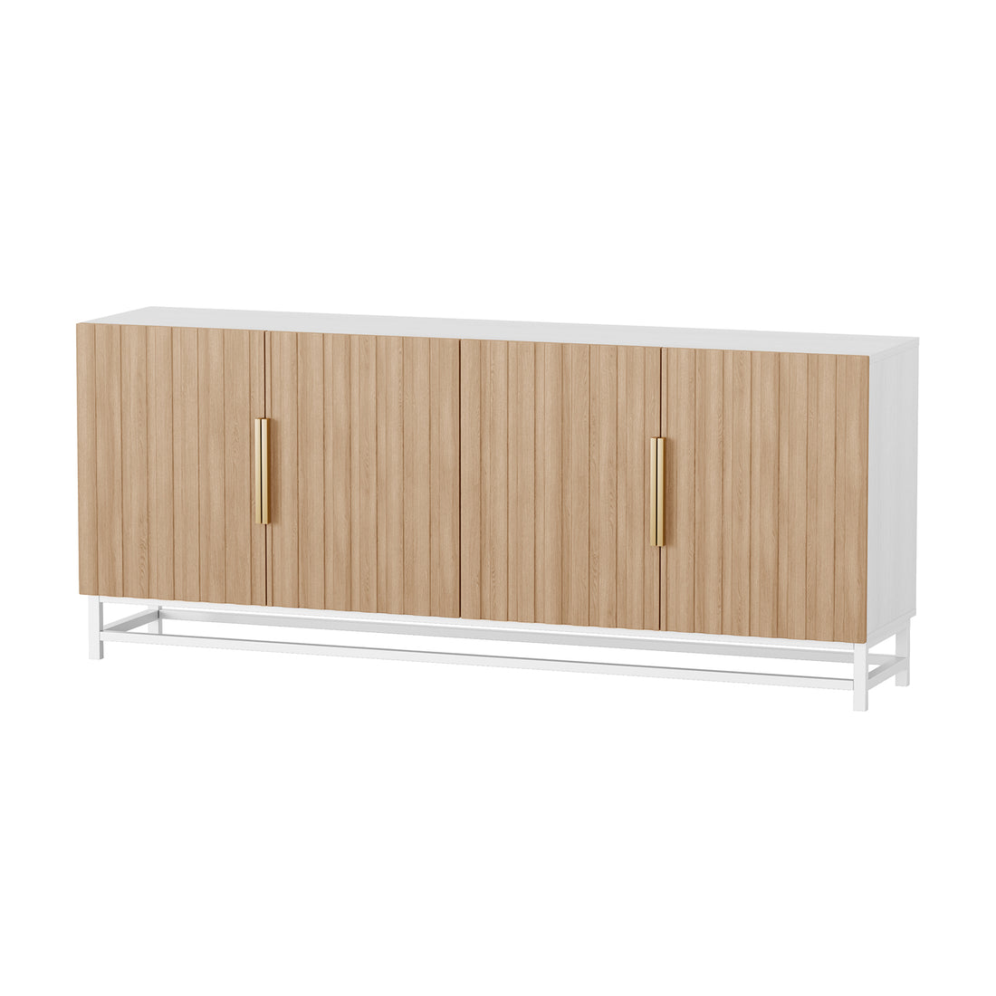 Argus 180cm Fluted Storage Buffet Sideboard in Natural features four vertically-slatted oak-veneered doors with brass-tone handles on a white body, elevated by slim steel legs, offering a minimalist design.