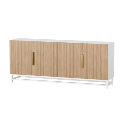 Argus 180cm Fluted Storage Buffet Sideboard in Natural features four vertically-slatted oak-veneered doors with brass-tone handles on a white body, elevated by slim steel legs, offering a minimalist design.