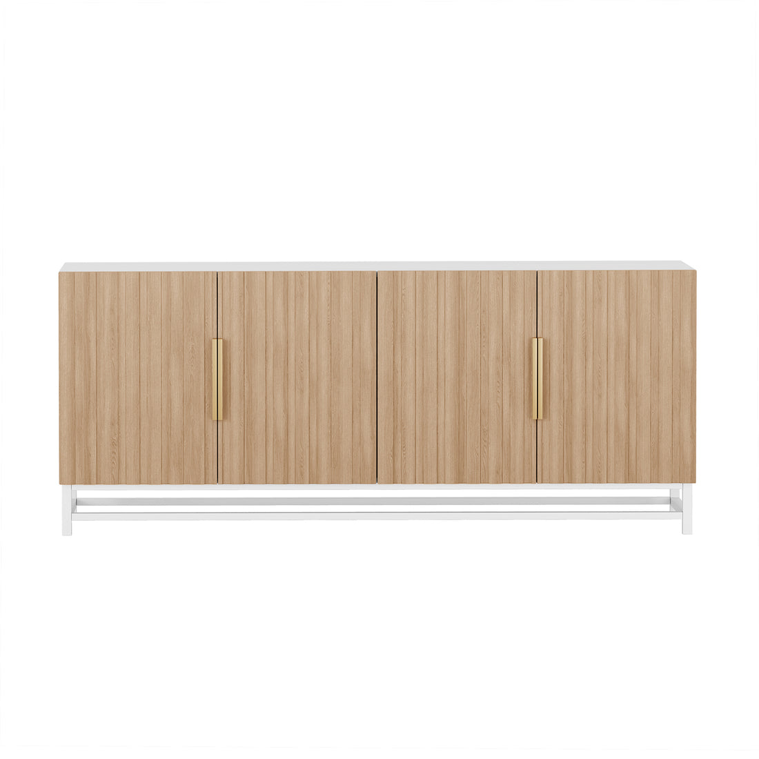 Argus 180cm Fluted Storage Buffet Sideboard in Natural features a light wood finish, four paneled doors with vertical slats, slim gold-tone handles, and a white metal frame base.
