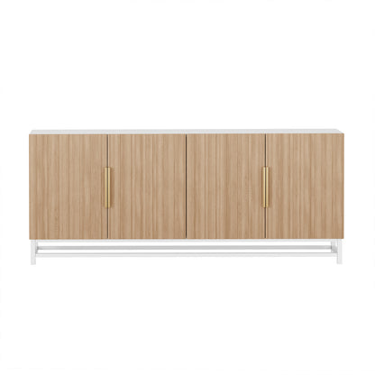 Argus 180cm Fluted Storage Buffet Sideboard in Natural features a light wood finish, four paneled doors with vertical slats, slim gold-tone handles, and a white metal frame base.