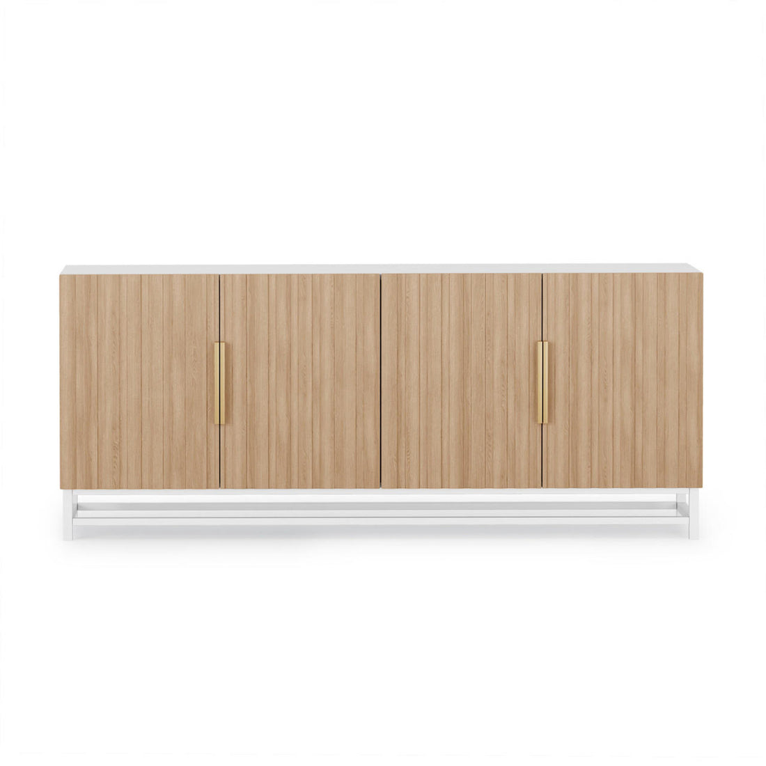 Argus 180cm Fluted Storage Buffet Sideboard in Natural with four grooved doors, brushed-brass handles, and a white metal base, showcasing a modern design with ample shelving and elegant functionality.