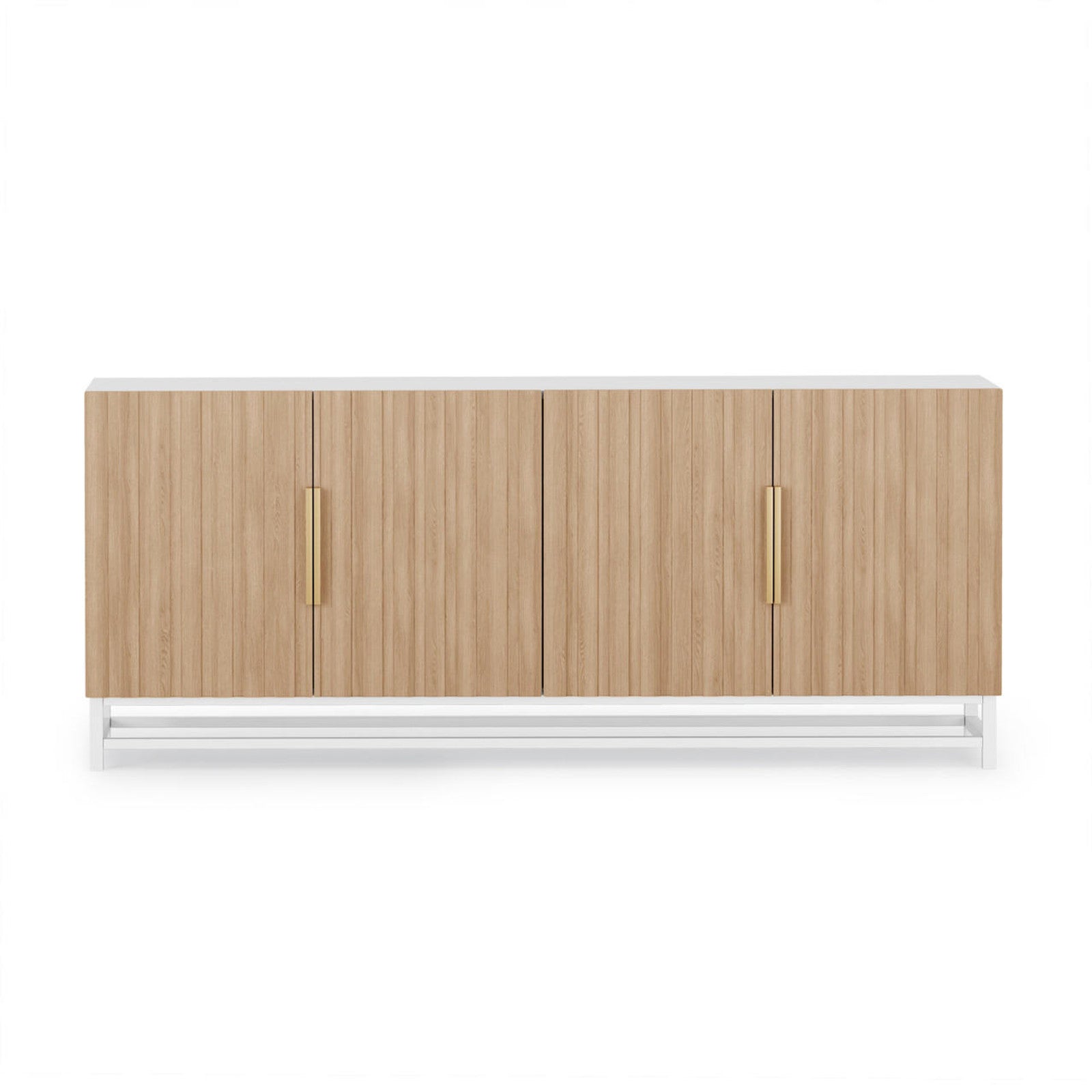 Argus 180cm Fluted Storage Buffet Sideboard in Natural with four grooved doors, brushed-brass handles, and a white metal base, showcasing a modern design with ample shelving and elegant functionality.