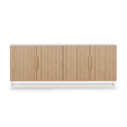 Argus 180cm Fluted Storage Buffet Sideboard in Natural with four grooved doors, brushed-brass handles, and a white metal base, showcasing a modern design with ample shelving and elegant functionality.