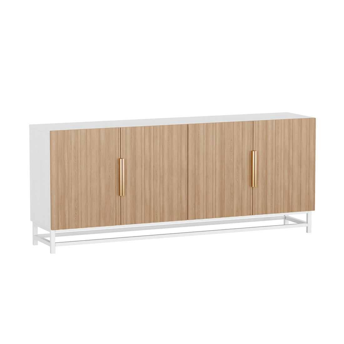 Argus 180cm Fluted Storage Buffet Sideboard in Natural features a white case, natural-wood fluted doors, white metal legs, and central vertical brass-tone handles, offering stylish and functional storage.