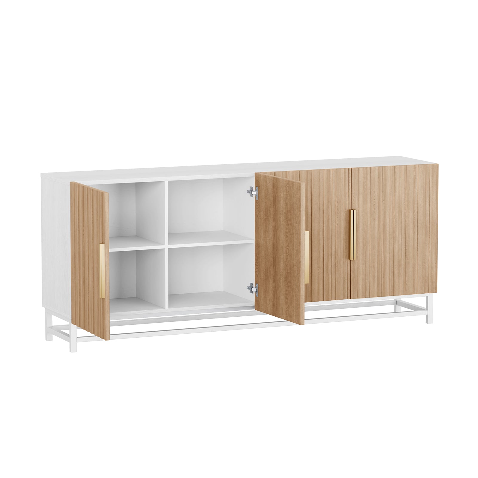 Argus 180cm Fluted Storage Buffet Sideboard in Natural features a sleek white cabinet with light-oak slatted doors and brass-tone handles, showcasing open interior cubbies on a slim white metal base.