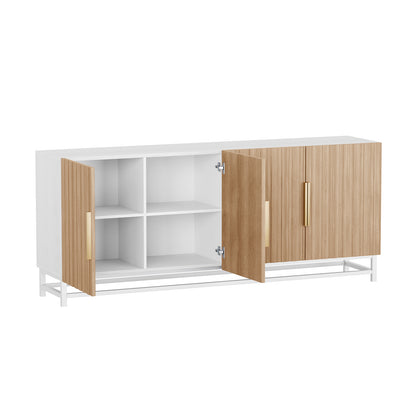 Argus 180cm Fluted Storage Buffet Sideboard in Natural features a sleek white cabinet with light-oak slatted doors and brass-tone handles, showcasing open interior cubbies on a slim white metal base.