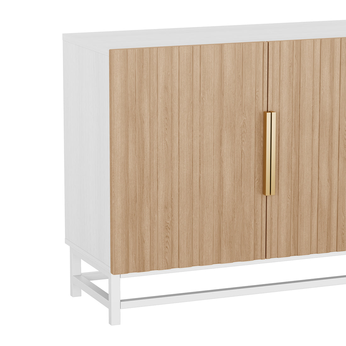 Argus 180cm Fluted Storage Buffet Sideboard in Natural features a white case with rib-style oak veneer doors, brushed-gold handles, and white open-frame base, offering chic and functional storage.